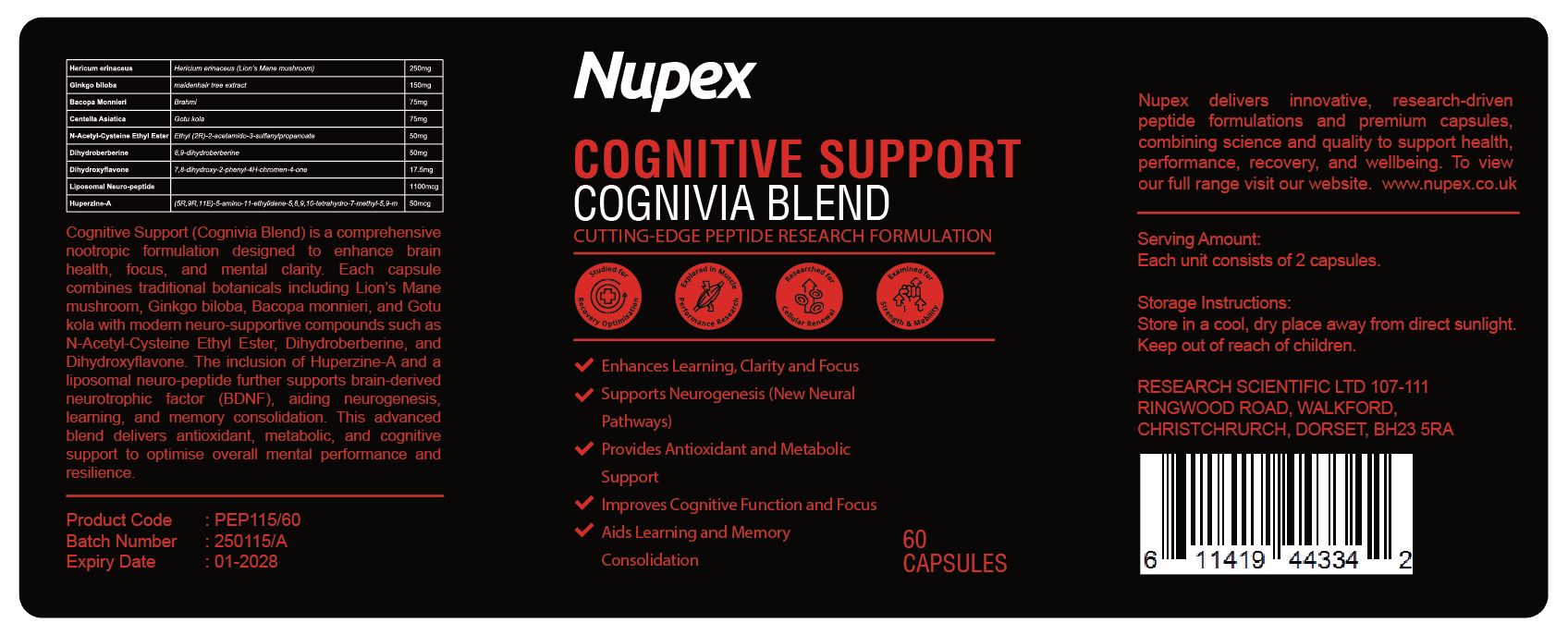 Nupex Cognitive Support Peptide Capsules in a 60-count bottle for enhanced mental clarity and focus