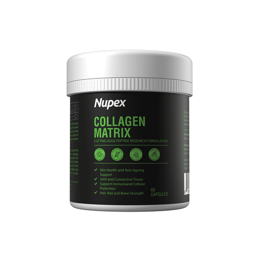Nupex Collagen Matrix Peptide Capsules in a black jar, promoting skin health and anti-aging support