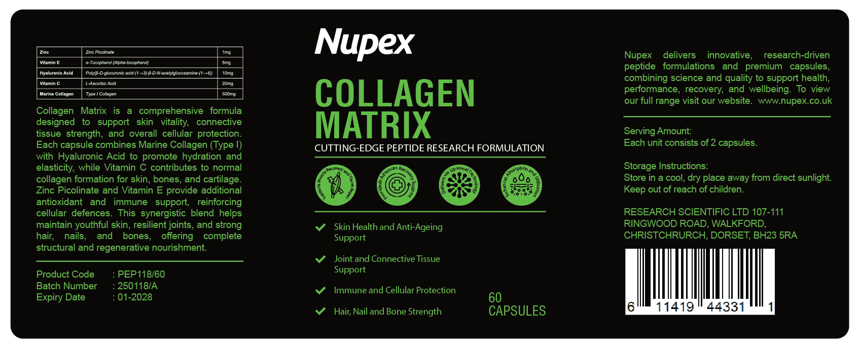 Nupex Collagen Matrix Peptide Capsules for Skin, Joint, and Bone Support with 60 Capsules