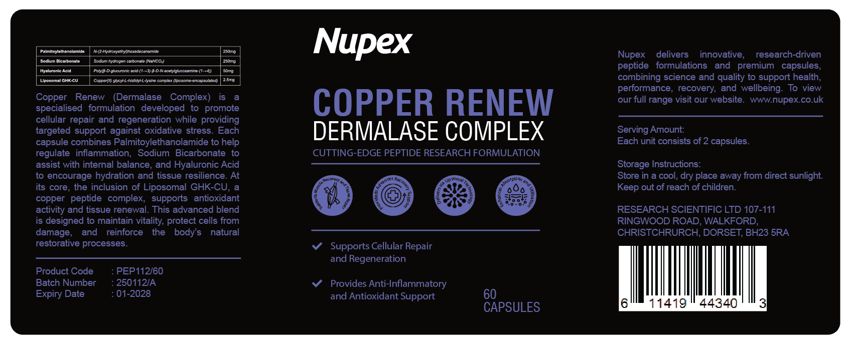 Nupex Copper Peptide Capsules Research for dermal repair and regeneration in a 60-capsule bottle