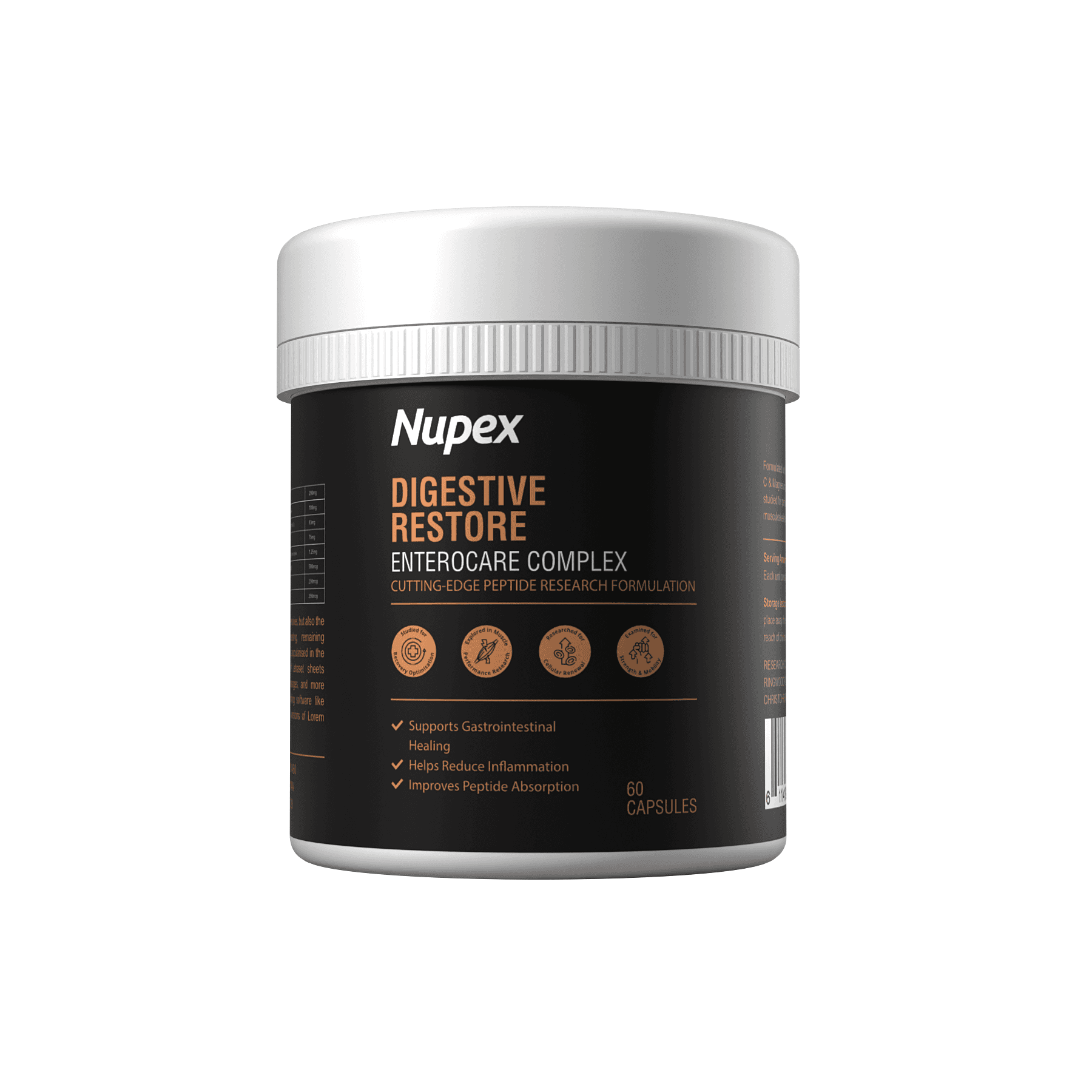 Nupex Digestive Restore Peptide Capsules in a container with 60 capsules promoting gut health