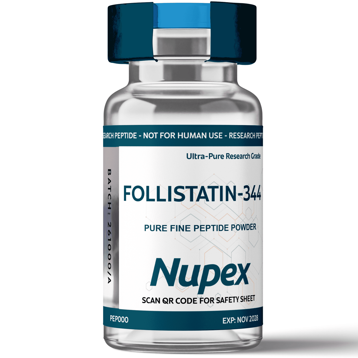 Nupex Follistatin 344 research peptide in a vial, labeled as pure fine peptide powder for research use