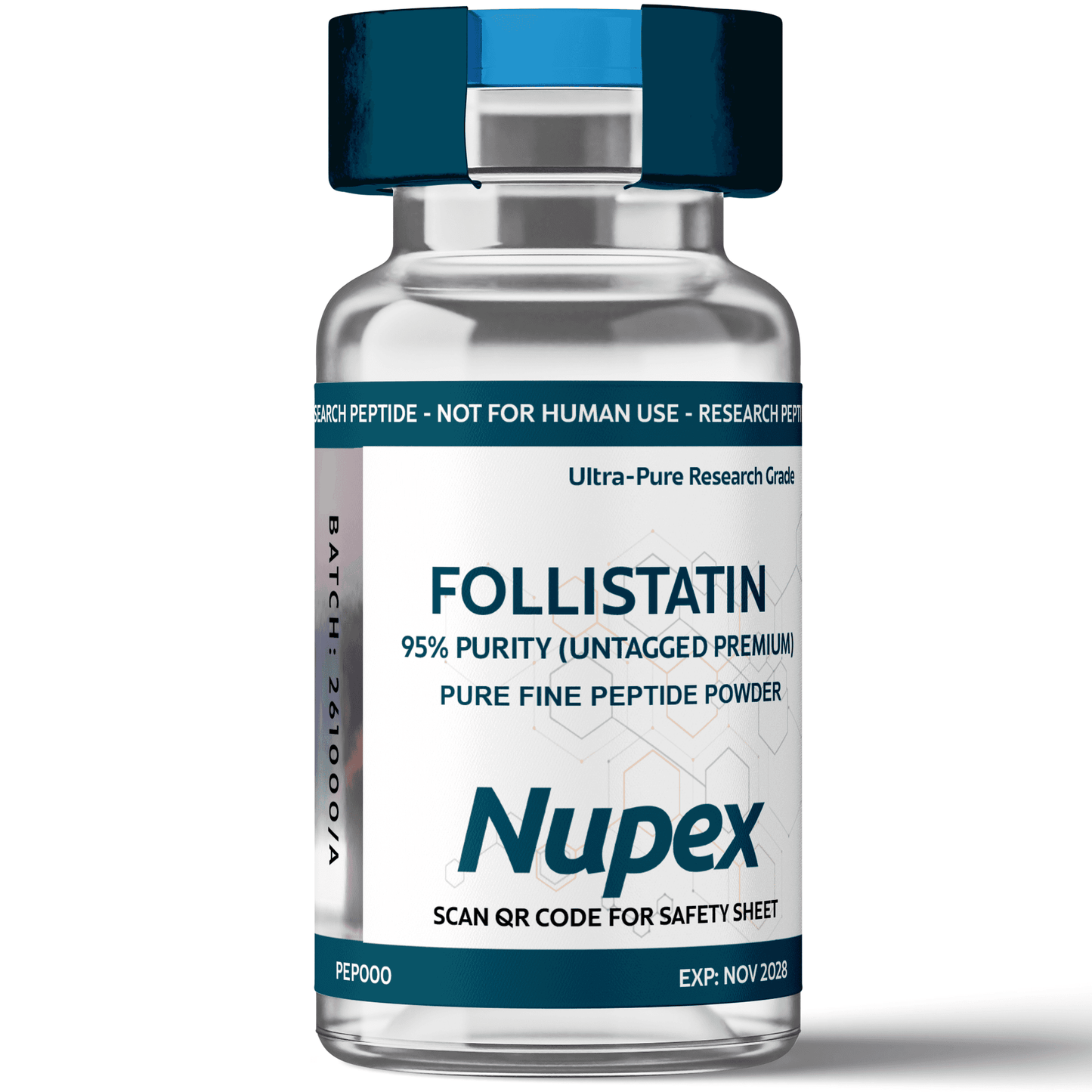 Research Scientific Follistatin 95% purity peptide in a vial with untagged premium label for lab use