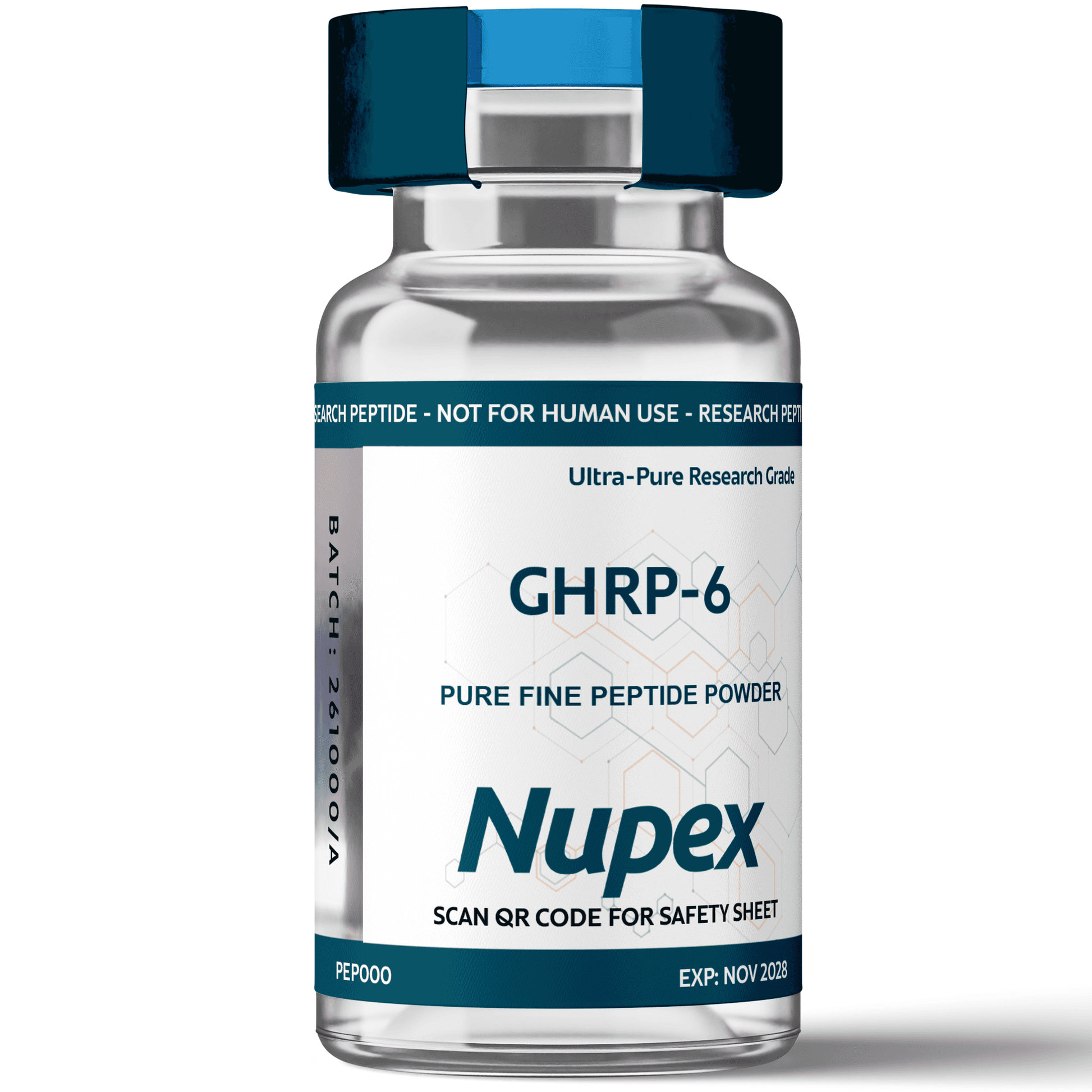 Nupex GHRP-6 peptide UK in a clear vial for research use, labeled pure fine peptide powder