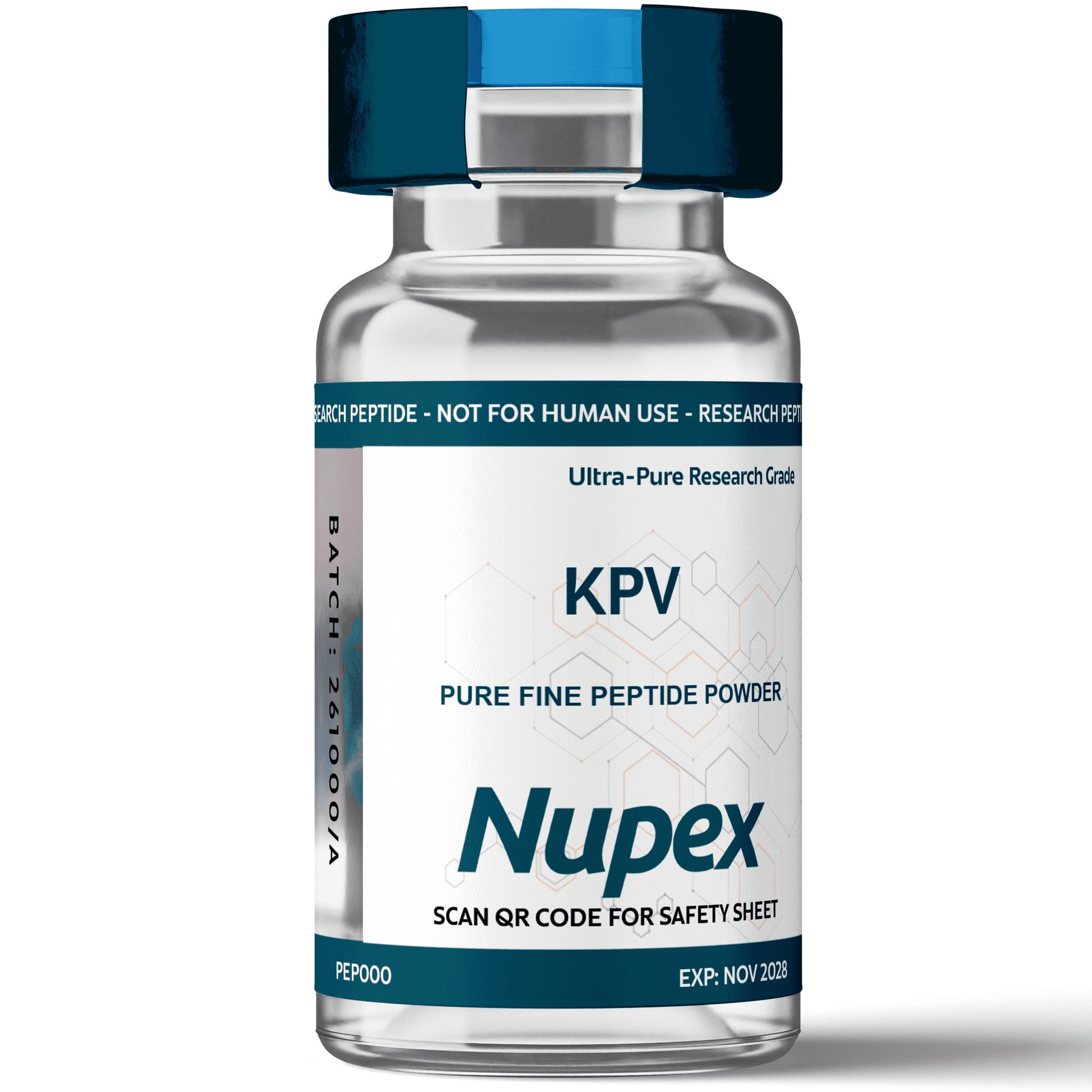Nupex KPV pure fine peptide powder for research use in the UK, featuring a secure QR code