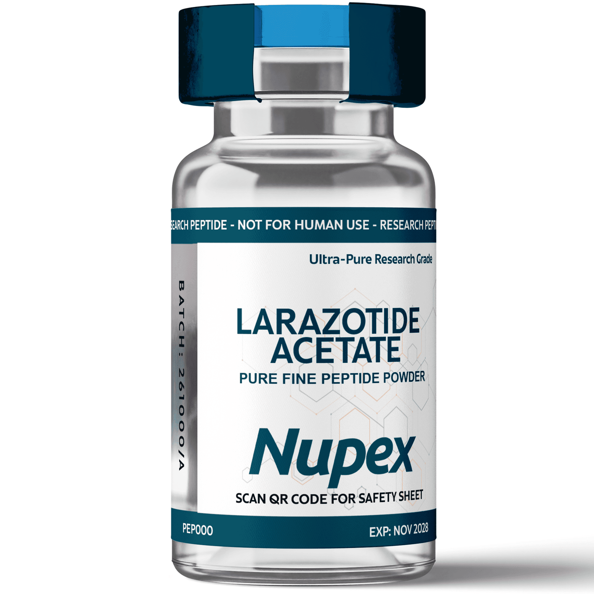 Larazotide Acetate research peptide in a clear vial labeled with safety information and expiration date