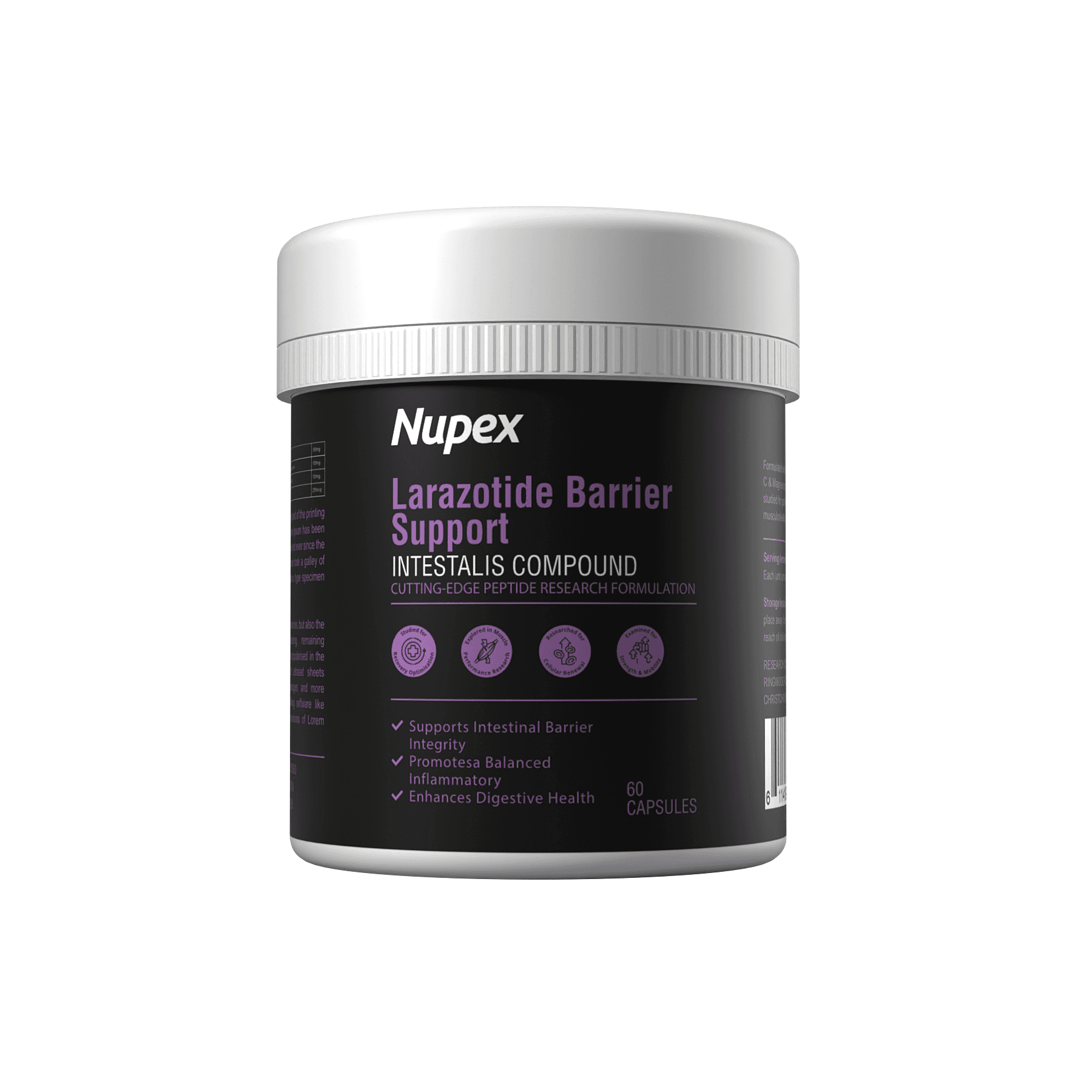 Nupex Larazotide peptide capsules UK for intestinal barrier support in a 60-capsule container