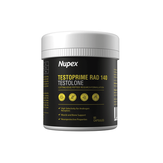 Nupex RAD 140 peptide capsules UK for muscle and bone support in a 60-capsule container