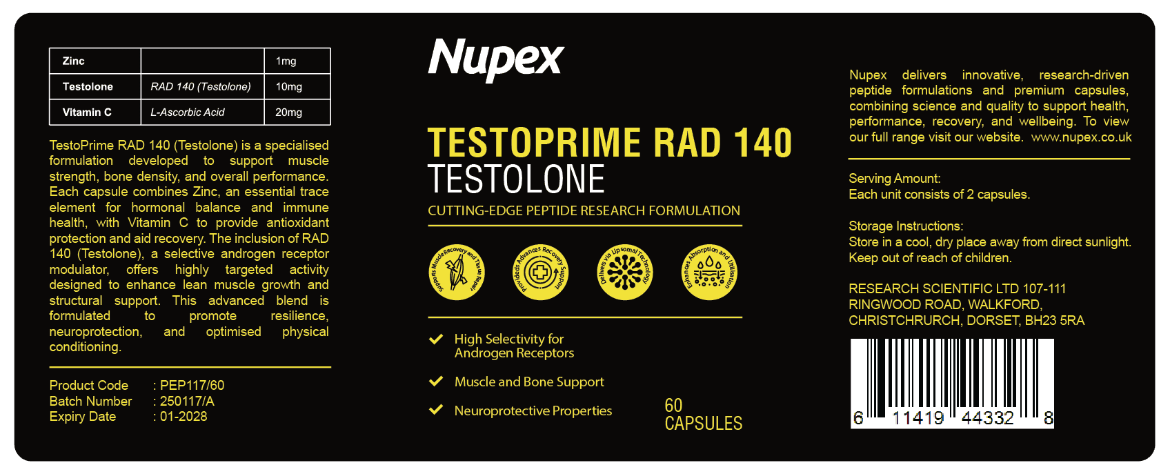 Nupex RAD 140 peptide capsules UK with Zinc and Vitamin C for enhanced physical performance