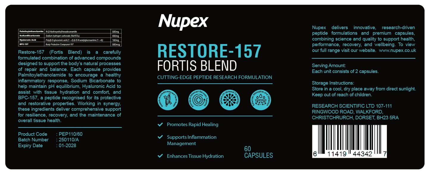 Nupex Restore-157 peptide capsules for promoting rapid healing and enhancing tissue hydration