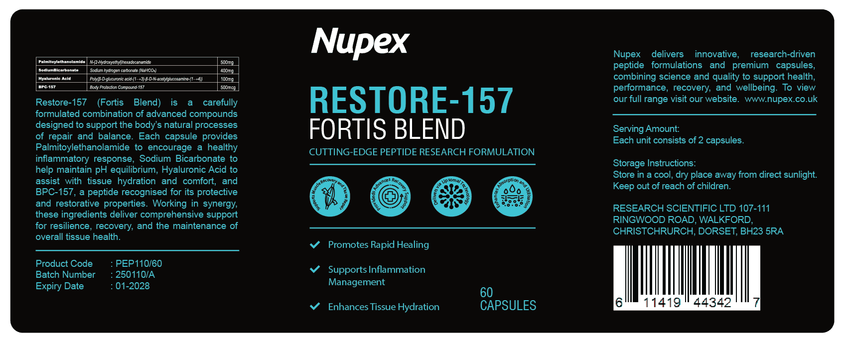 Nupex Restore-157 peptide capsules for promoting rapid healing and enhancing tissue hydration