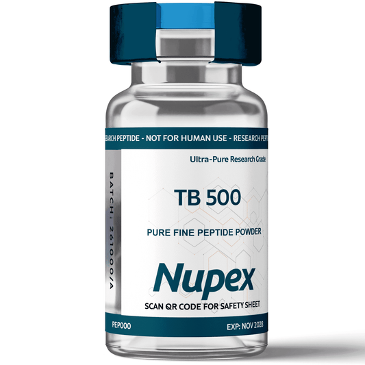 Nupex TB 500 peptide UK in a clear vial, labeled as ultra-pure research grade peptide powder
