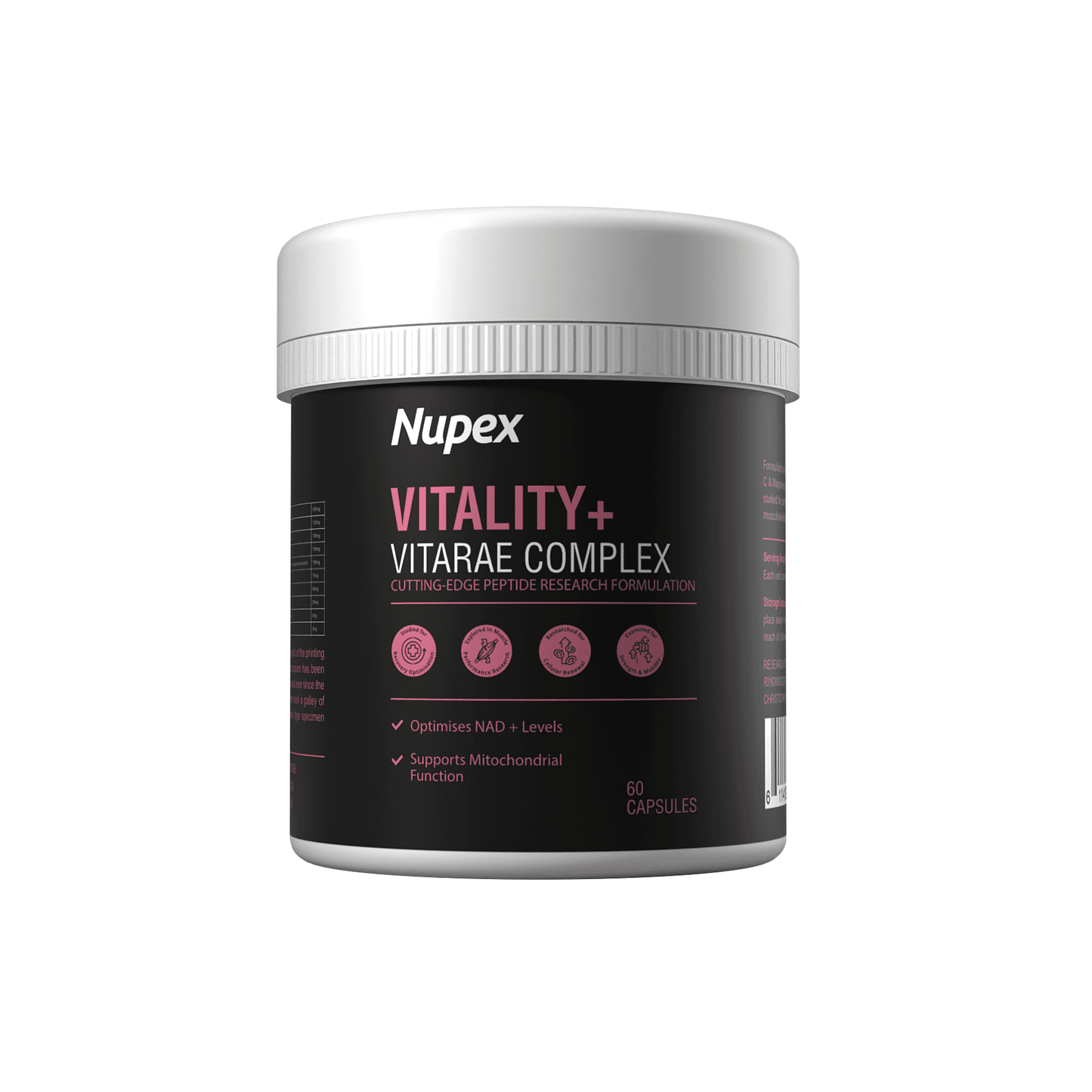 Nupex Vitality+ peptide capsules in a jar for optimizing NAD+ levels and supporting mitochondrial function