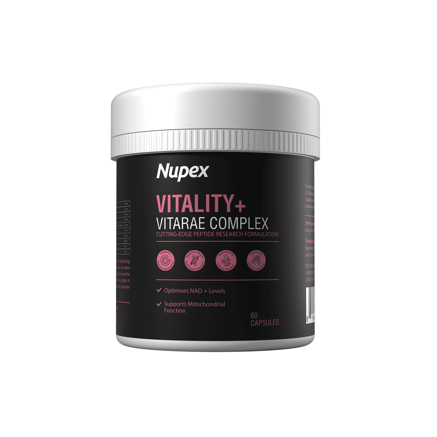 Nupex Vitality+ peptide capsules in a jar for optimizing NAD+ levels and supporting mitochondrial function