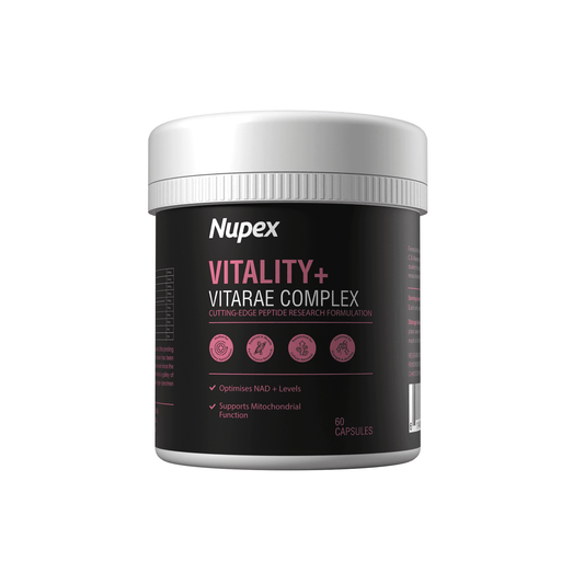 Nupex Vitality+ peptide capsules in a jar for optimizing NAD+ levels and supporting mitochondrial function