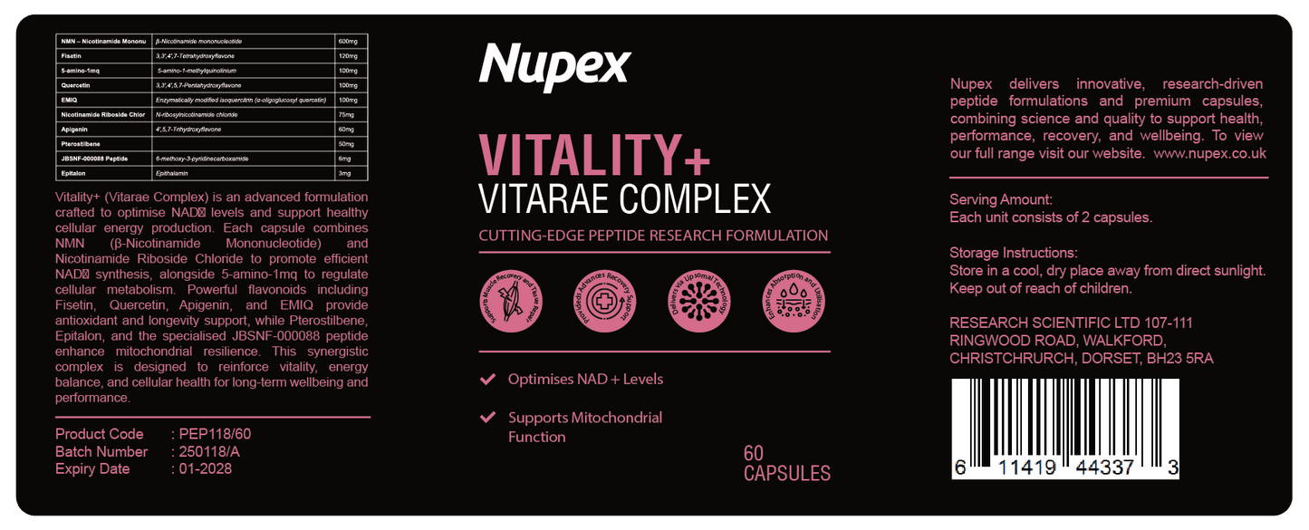 Nupex Vitality+ peptide capsules for optimized NAD levels and improved mitochondrial function