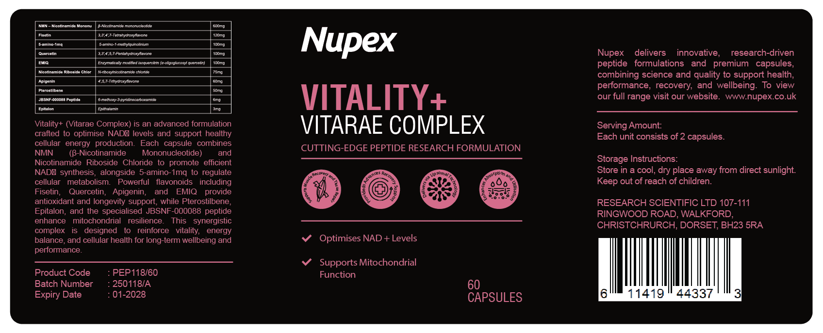 Nupex Vitality+ peptide capsules for optimized NAD levels and improved mitochondrial function
