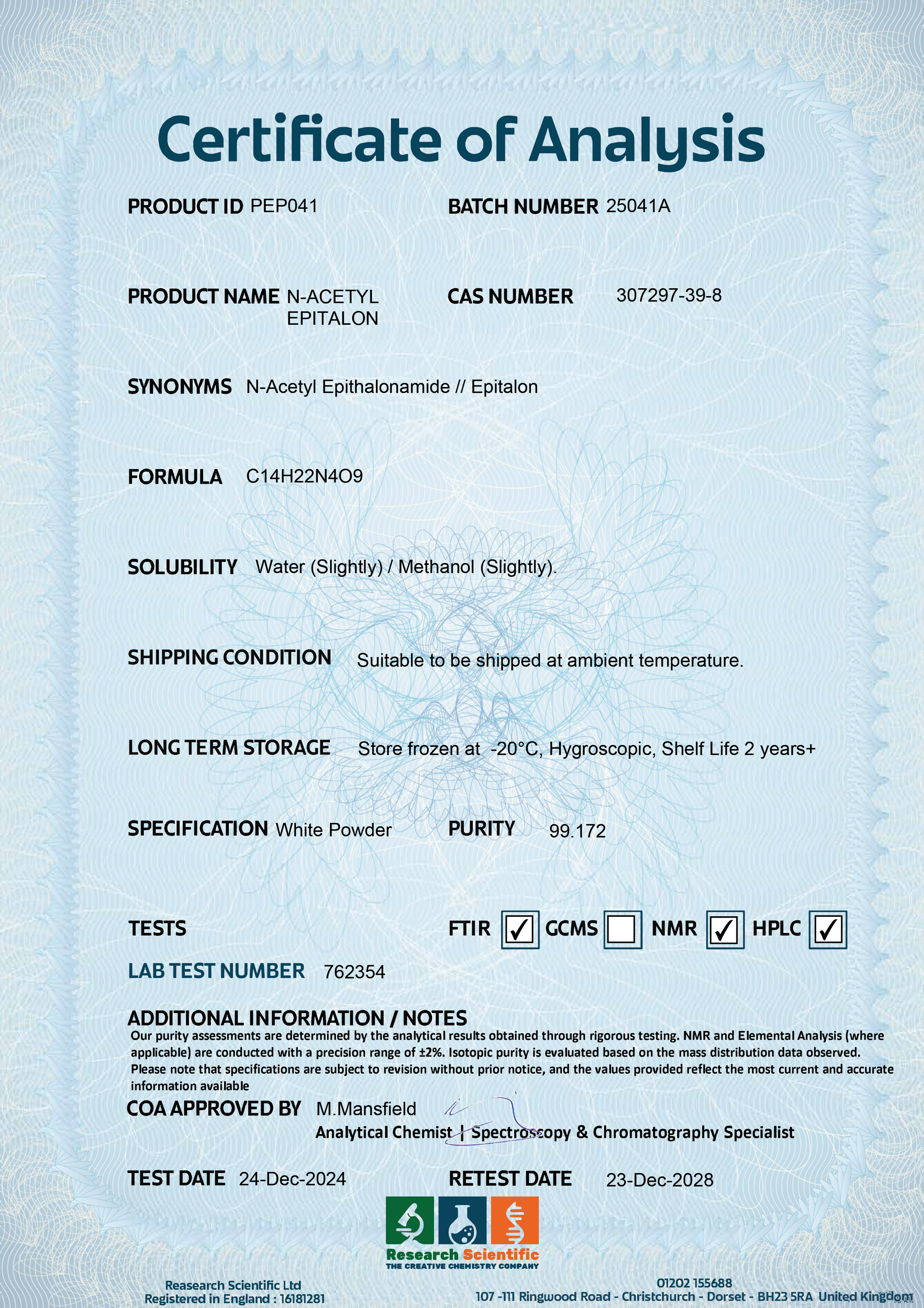 Certificate of Analysis for N-Acetyl Epitalon showing purity and storage instructions. Buy N-Acetyl Epitalon online.