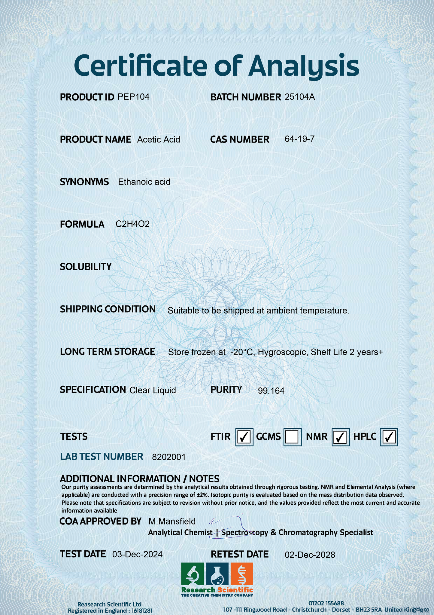 Certificate of Analysis for pure acetic acid UK detailing product specifications and storage instructions