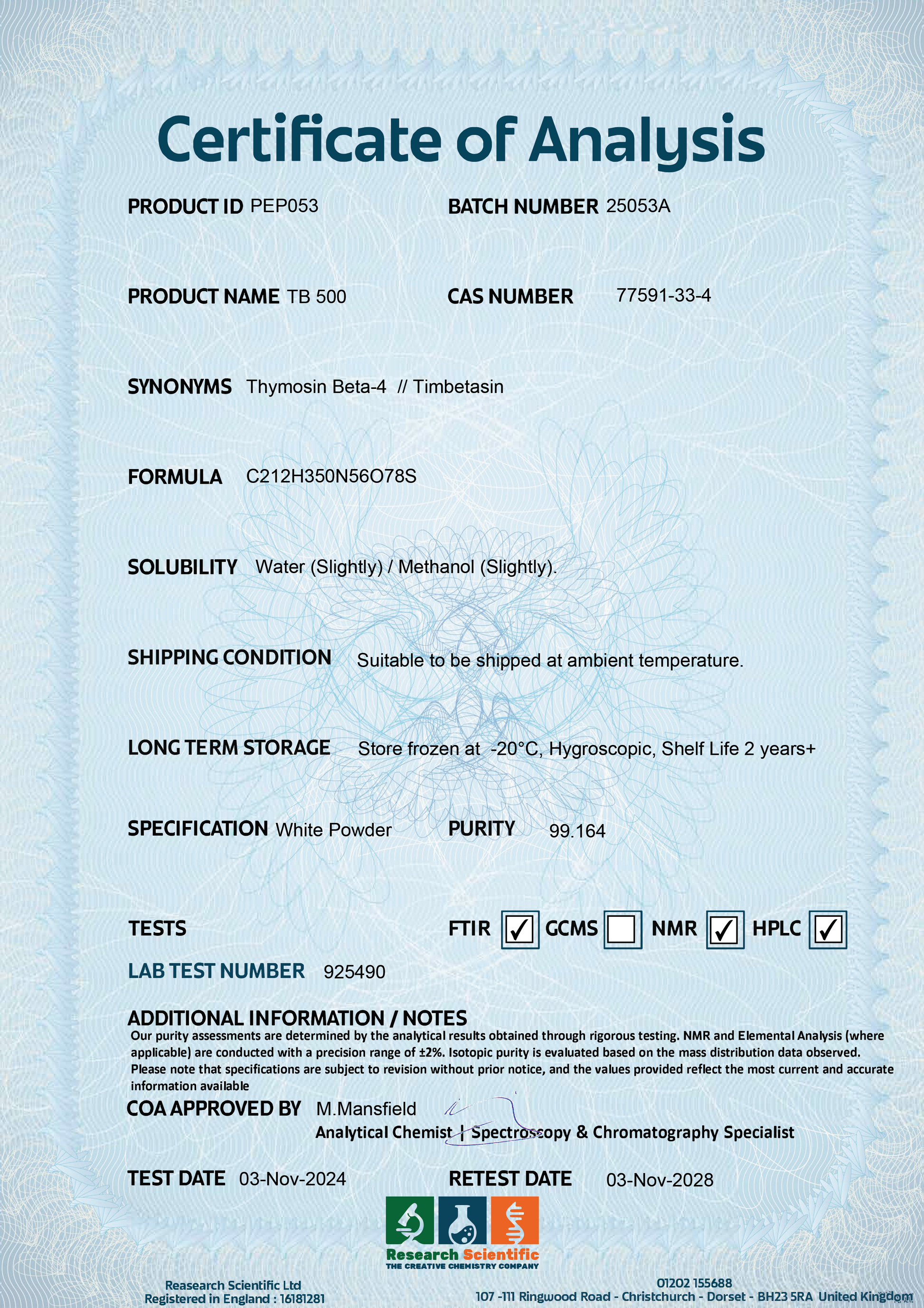 Certificate of Analysis for TB 500 peptide UK with product details and verification information