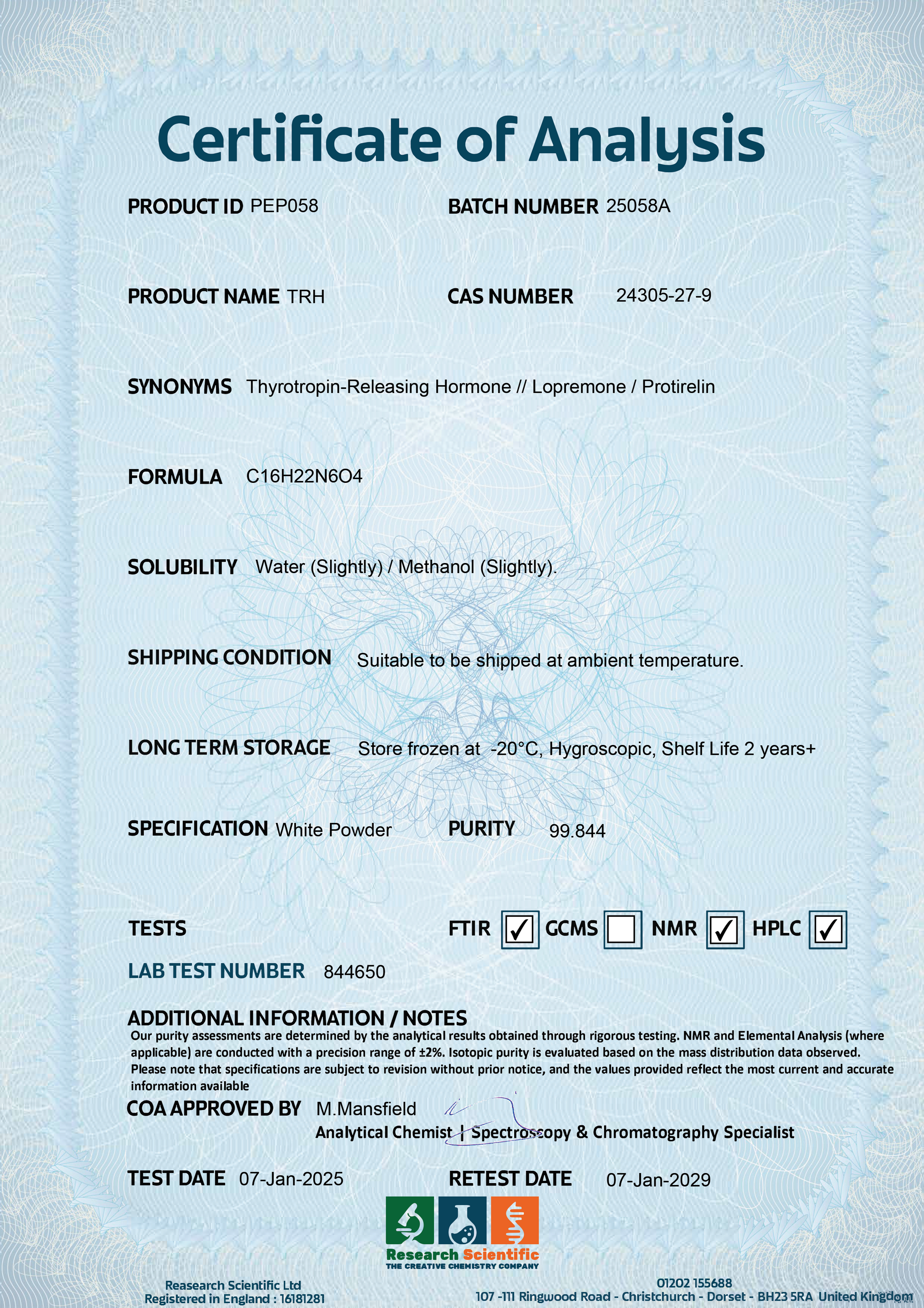 Certificate of Analysis for TRH peptides with details on purity and storage. Buy TRH peptides online UK.