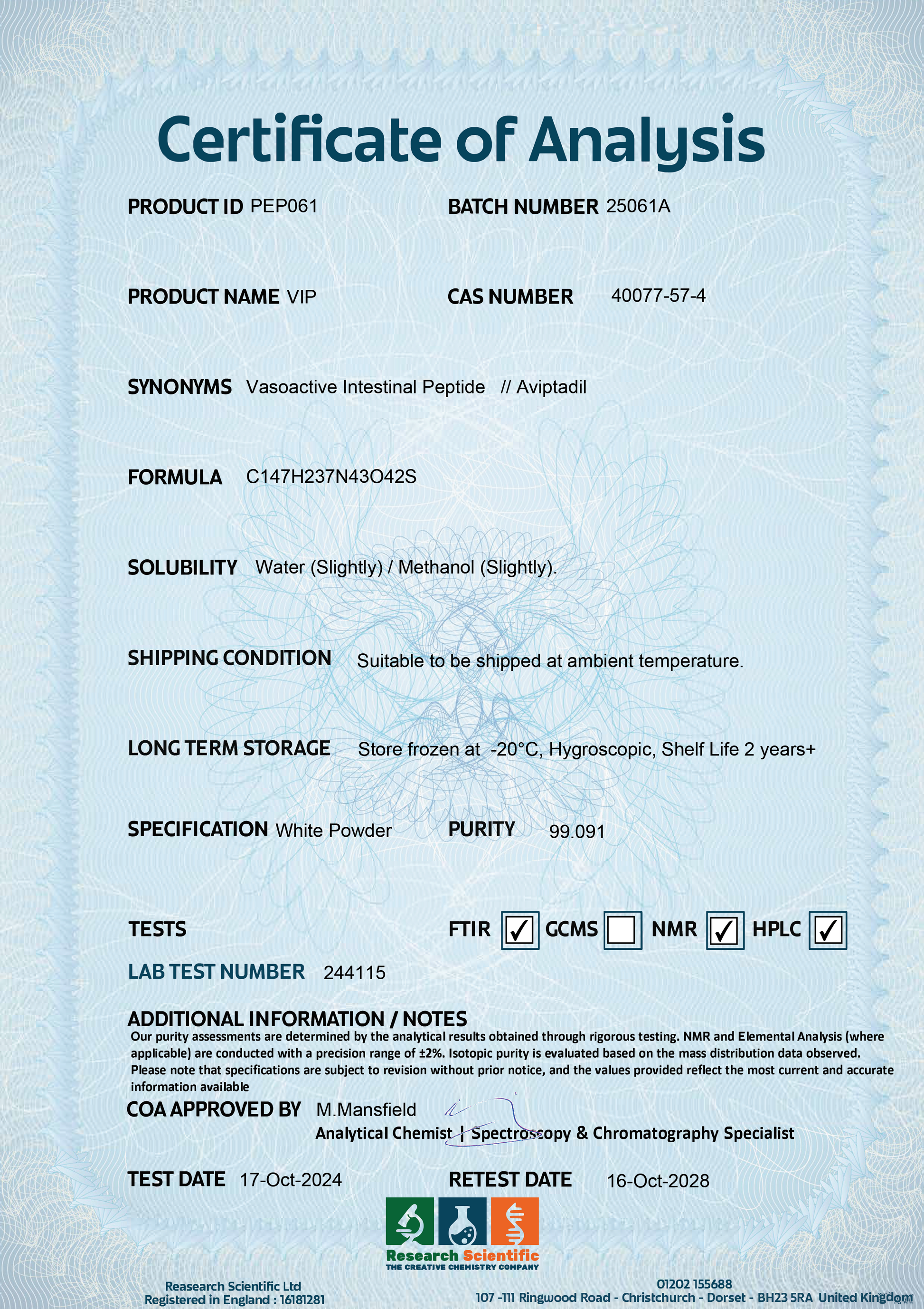 Certificate of Analysis for Vip research peptide showing purity and storage details from Research Scientific
